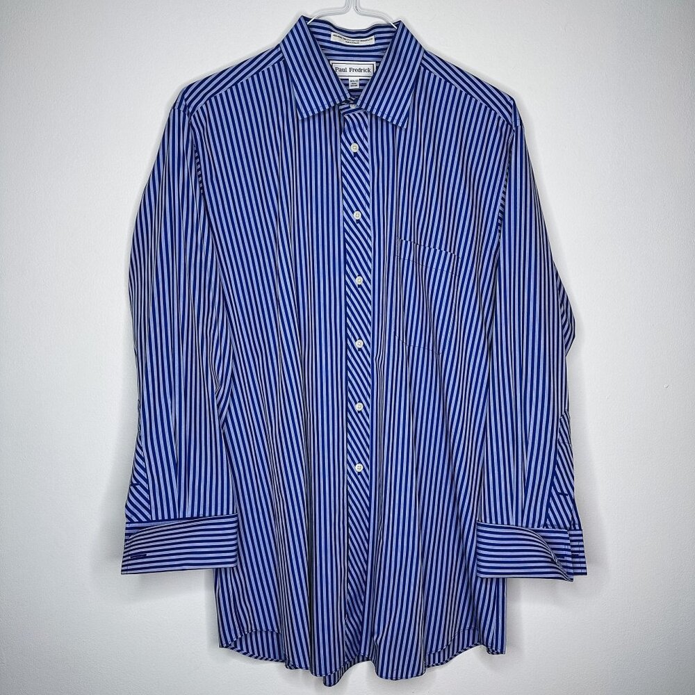 Paul Fredrick‎ Men's Blue Navy Striped Dress Shirt Non-Iron Two-Ply Cotton